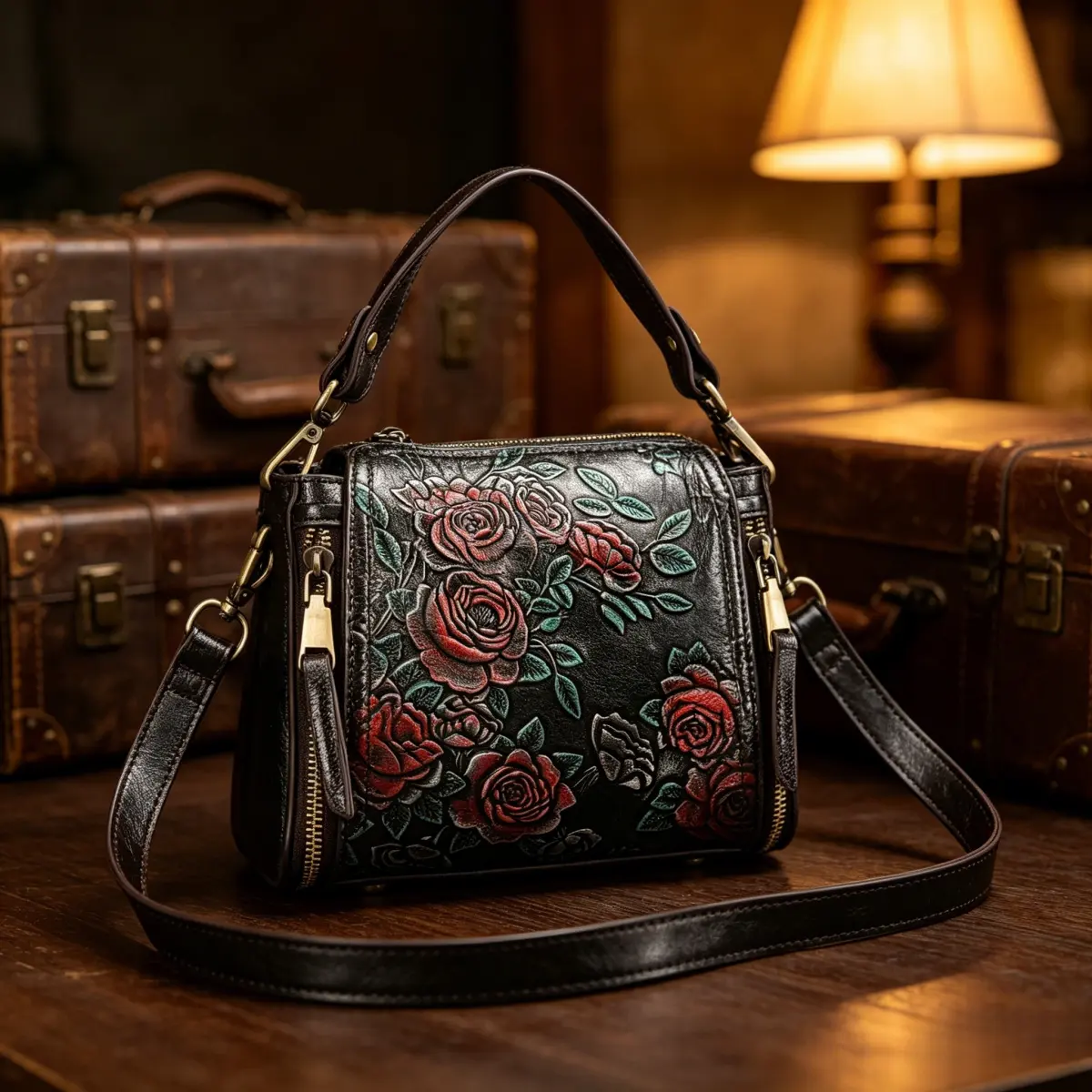 Women's Retro Genuine Leather Bucket Bag with Hand-Painted Embossed Roses, Casual Top Handle Crossbody Purse with Zip Closure & Detachable Strap, Daily Wear, Cow Hide, Rose Floral, Hand-Painted Details, Do Not Wash, Fashionable Bags, Messenger Bag