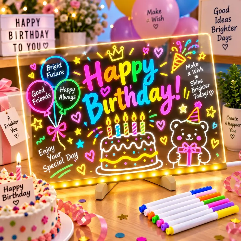 LED Acrylic Dry Erase Board, 11.8 x 7.9 Inch Light Up Memo Board with Stand, Dimmable USB Powered Desktop Whiteboard with 7 Color Markers for Notes Planning Office Home