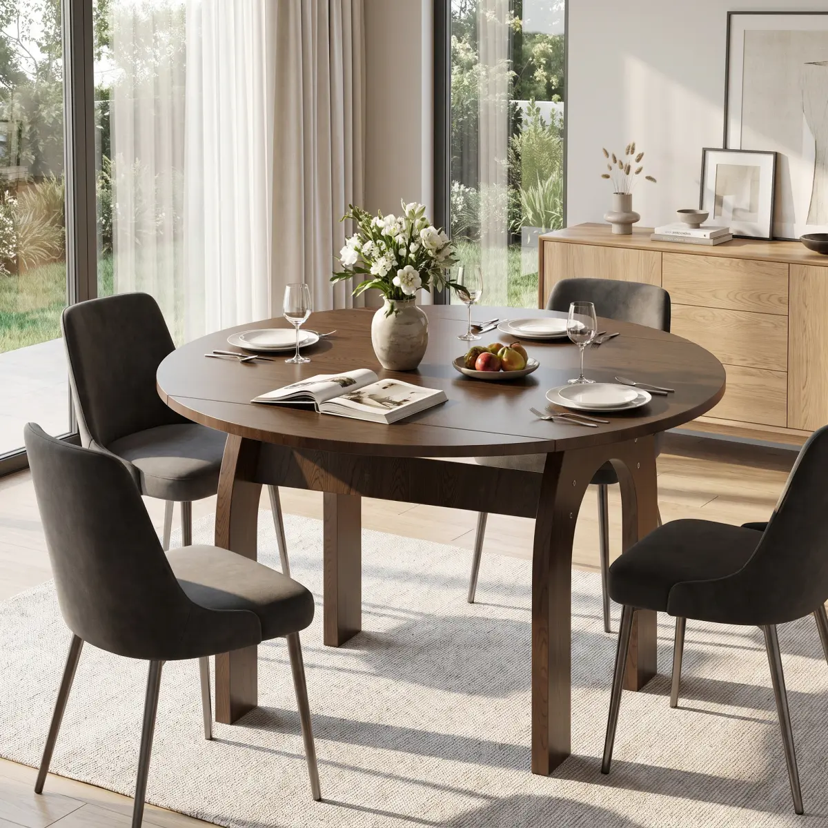 [Bellemave] 51.2" Solid Wood Extendable Dining Table, Converts Oval to Round, Sturdy Arch-Shaped Legs & Drop Leaf Design,Farmhouse Kitchen Table for Small Spaces, Easy Assembly