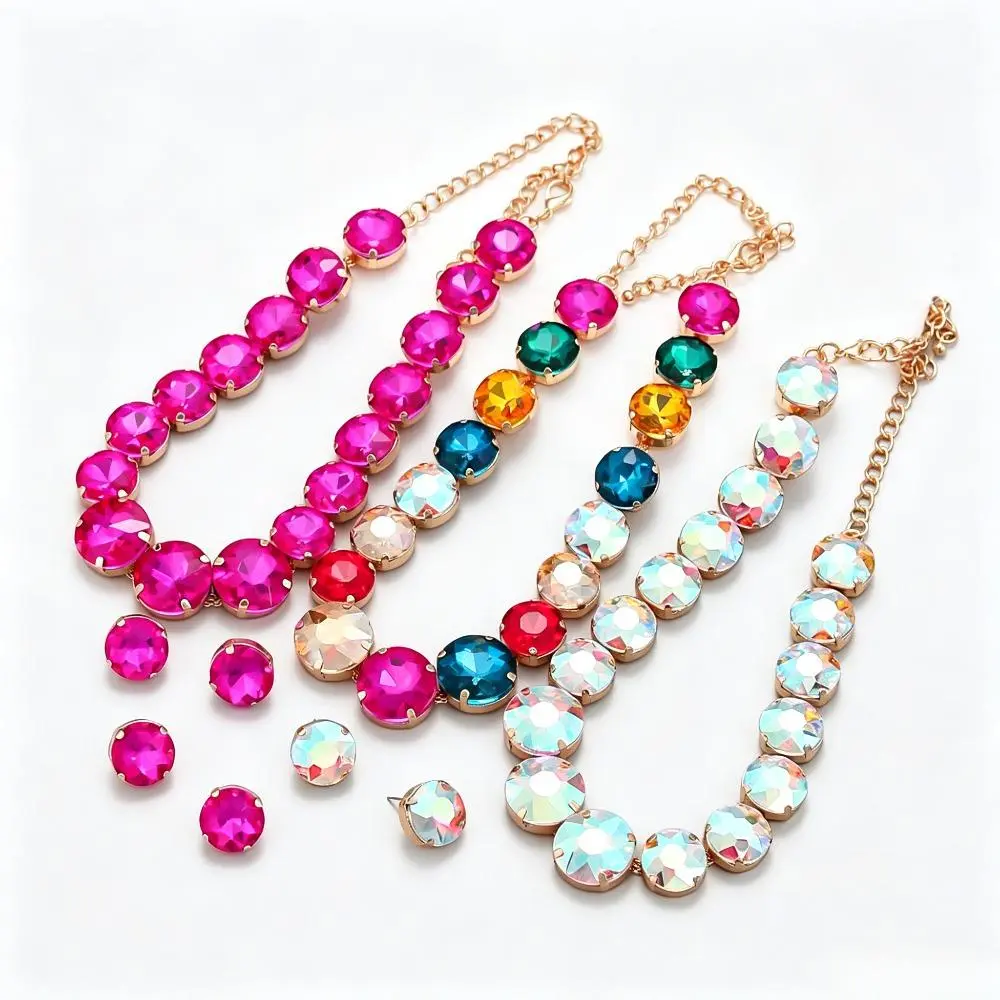 Chunky Statement Jewelry Set with Round Glass Diamonds, Exaggerated Necklace & Earrings for Adults, Costume Accessory for Birthday & Wedding Party, Bold Chunky, Glass Gems