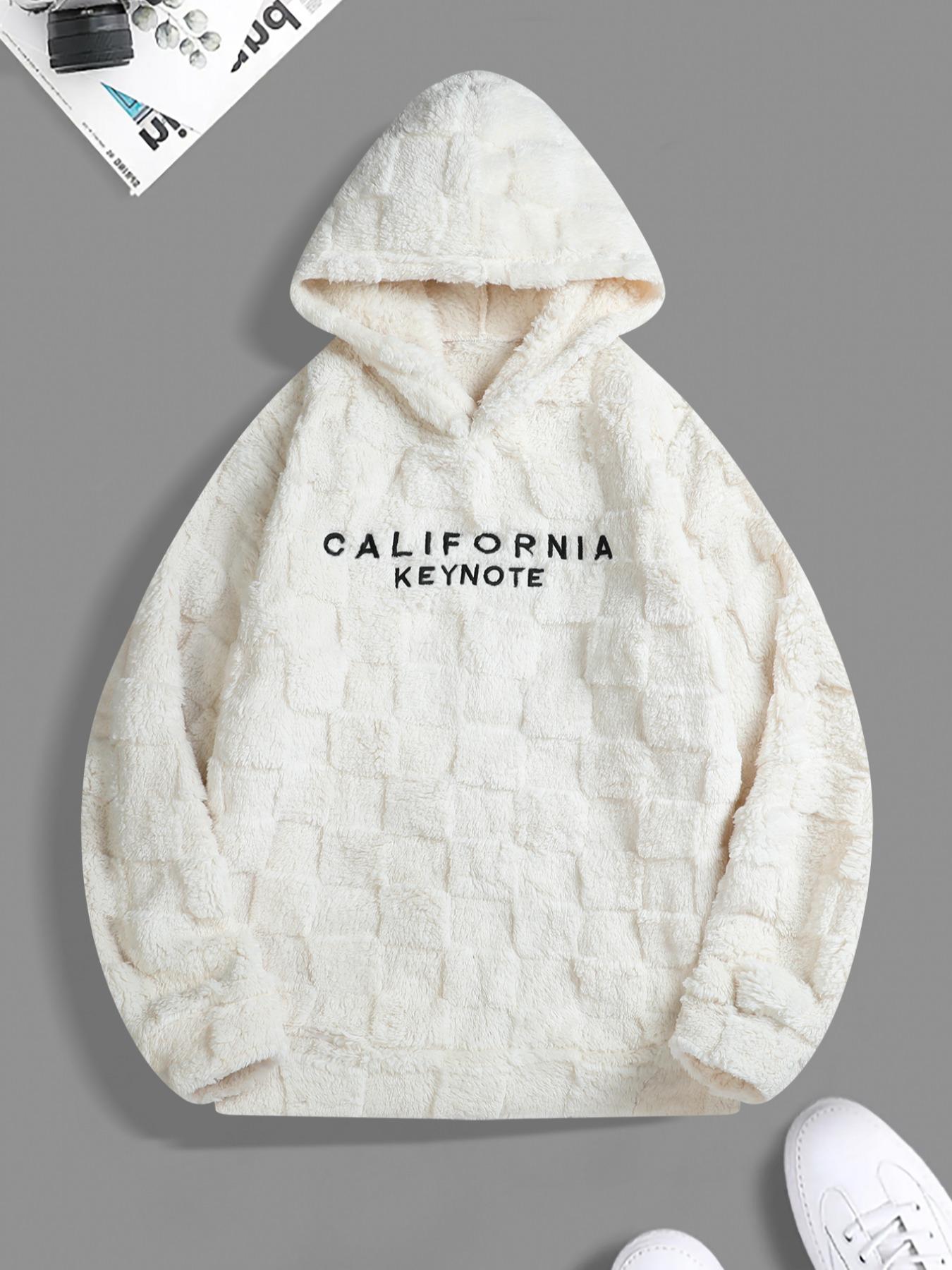 Men's California Keynote Embroidered Pullover Hoodie Fuzzy Warm Lining for Cold Days & Fall Relaxed Fit Drop Shoulder Design Machine Washable Cozy Interior Casual Fabric Christmas Embroidery Relaxed Fit Stretch Sweatshirts Textured
