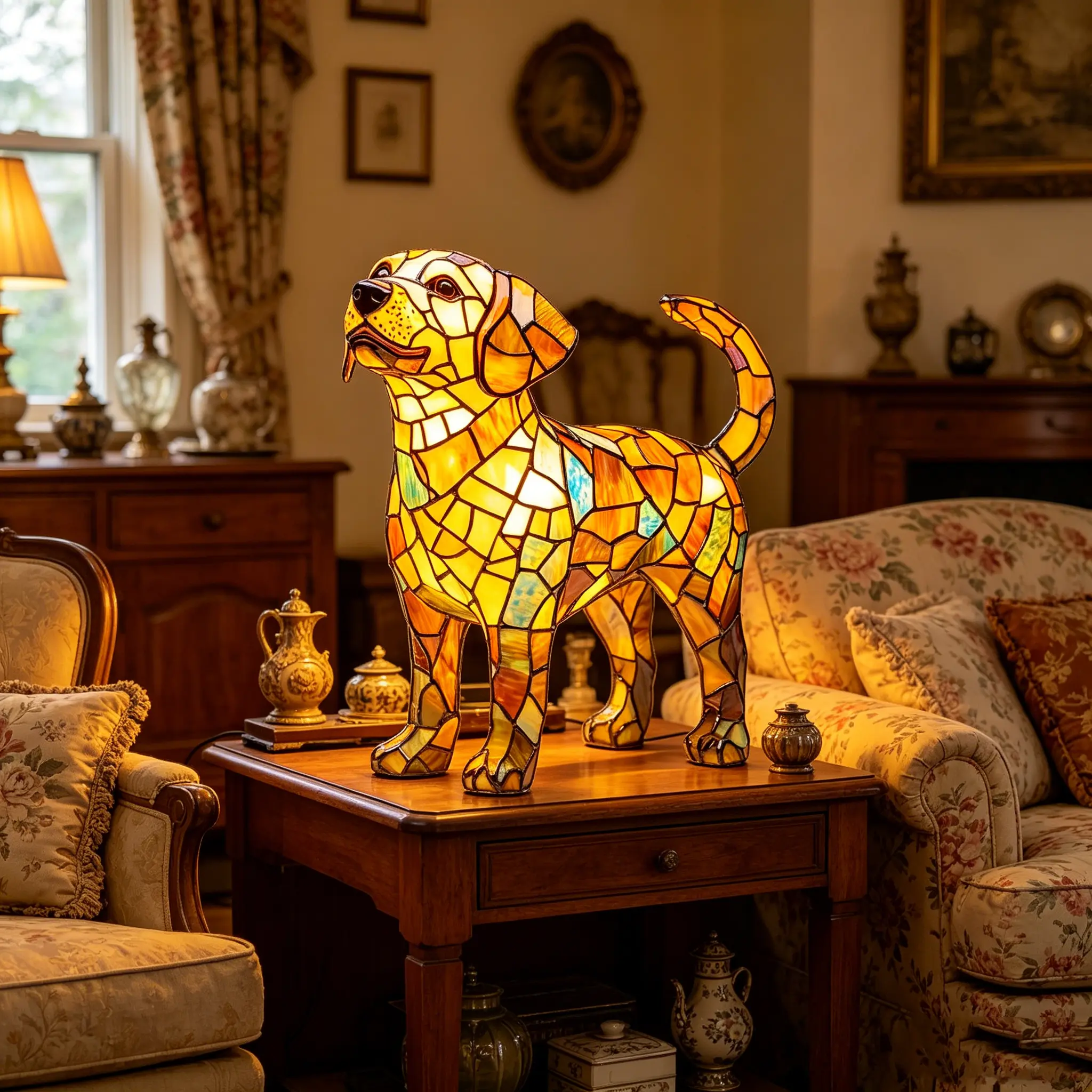 Vintage Stained Glass Dog LED Lamp - 6 in Height, USB-Powered, Heat-Resistant Resin, Anti-Crack Sturdy Structure, Stain-Resistant, On-Off Switch, Cat-Themed Design, Warm Atmosphere, Home Decor & Gift (Bedroom/Living Room), Gift For Boyfriend, 6 Inches