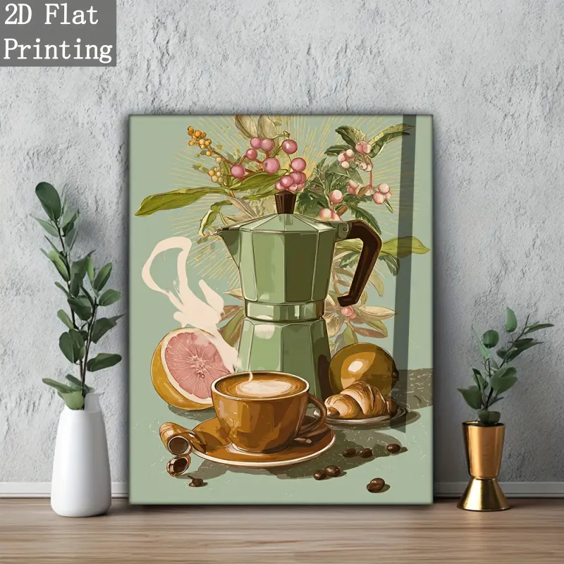 2D Flat Print 1 Piece Vintage Italian Coffee and Tea Poster - Espresso Machine, Coffee Beans, Cup - Mint Green and Brown Vintage Kitchen Decor - d Wall Art Ready to Hang - Gift for Coffee Enthusiasts - Italian Cafe Decor