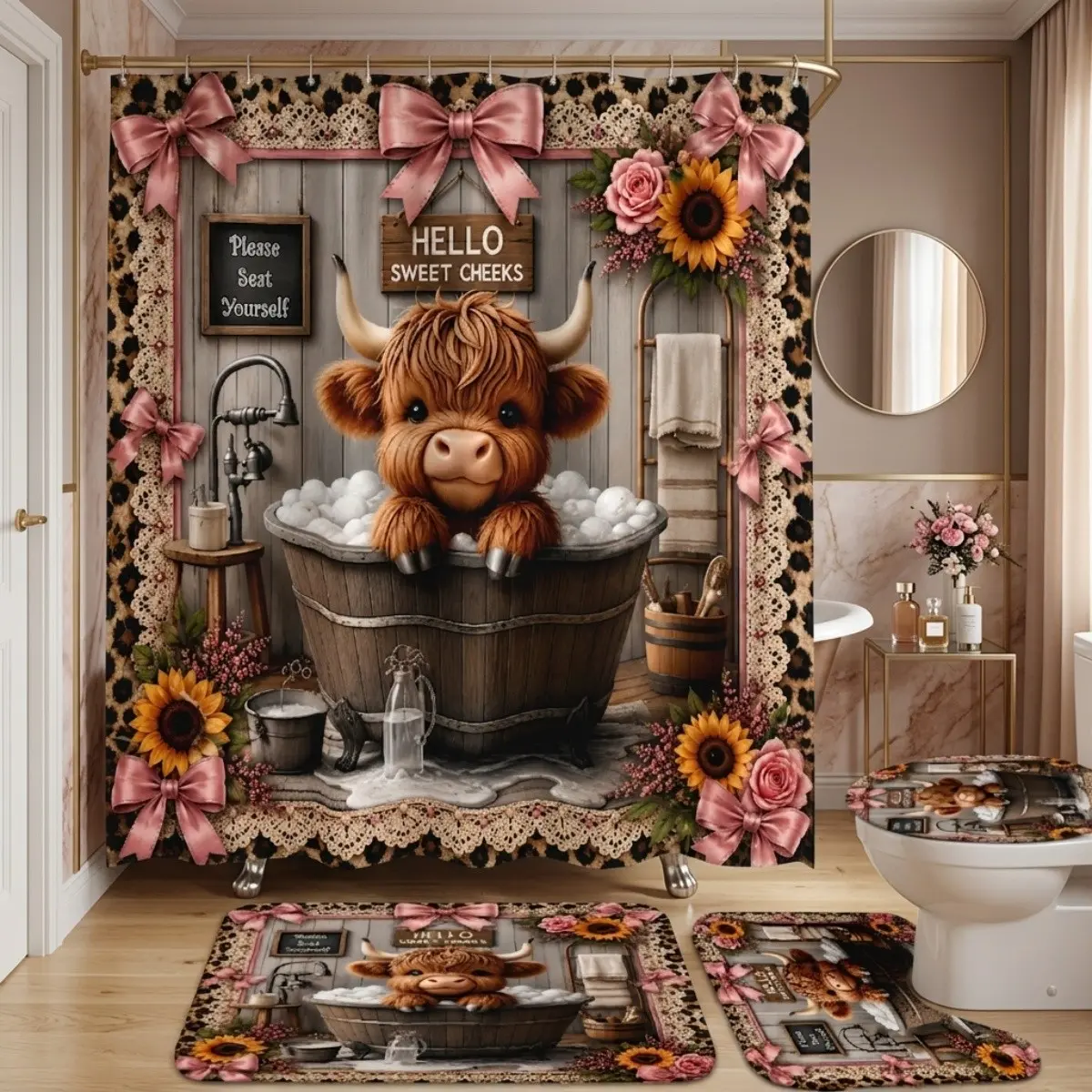 4pcs Highland Cow Bathroom Set, Shower Curtain and Rugs, Rustic Farmhouse Sunflower Bath Decor, Hello Sweet Cheeks Design
