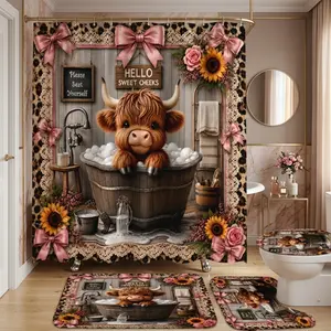4pcs Highland Cow Bathroom Set, Shower Curtain and Rugs, Rustic Farmhouse Sunflower Bath Decor, Hello Sweet Cheeks Design
