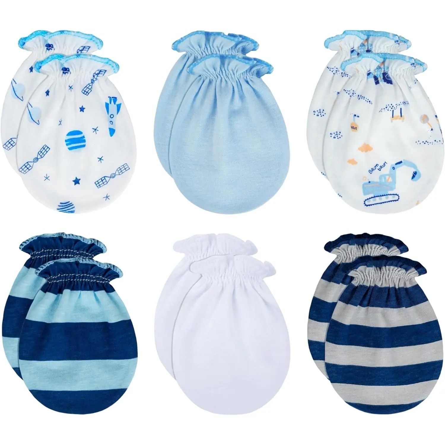 Organic Cotton Newborn No-Scratch Baby Mittens - 0-6 Months, 12 Pairs/Assorted (3White+3Pink, 4-Ocean Blues, 6 Pairs/G46) for Baby Boys & Girls, Unisex