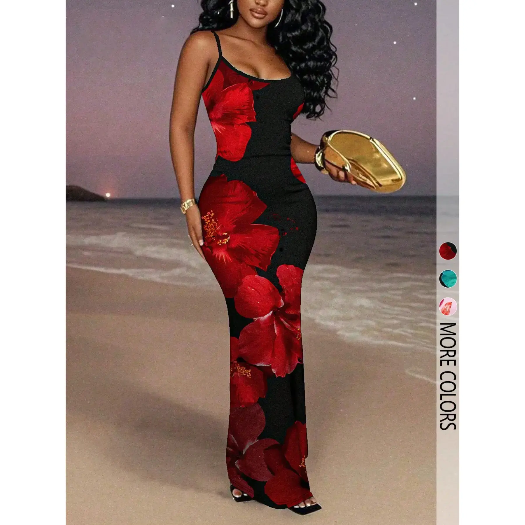 Women’s Floral Print Bodycon Maxi Dress, Sleeveless Spaghetti Strap Scoop Neck Long Dress, Elegant Vacation Party Outfit Womenswear Formal