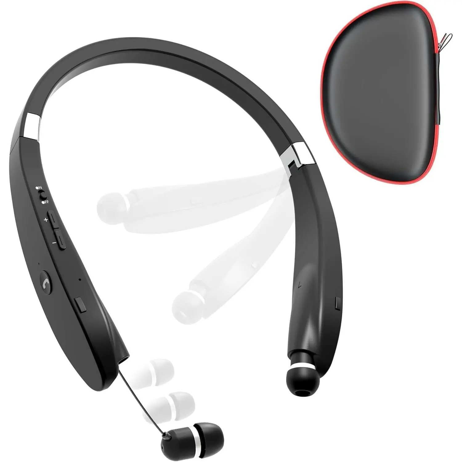 Foldable Bluetooth Neckband Headphones with Auto-Retractable Cable, Sweatproof Stereo Audio, Noise Cancelling Mic, 24H Playtime, and 1-Button Control for Sports, Folding, Bluetooth 5.0