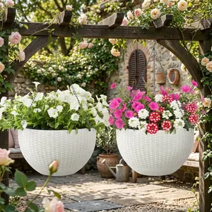 Self Watering Hanging Planters Set of 2 – Large Outdoor Plastic Flower Pots with Drainage Plug & Triple Metal Chain – Ideal for Garden, Patio, Balcony – White, 2-Piece Set