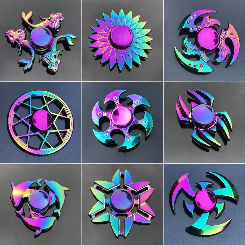Gradient Color Metal Fidget Spinner with Rainbow, Dolphin, Spider, Flower Designs, Colorful Spinner Stress Relief Toys, Fingertip Playing Card-Themed Stress Reliever Toy for Anxiety Relief