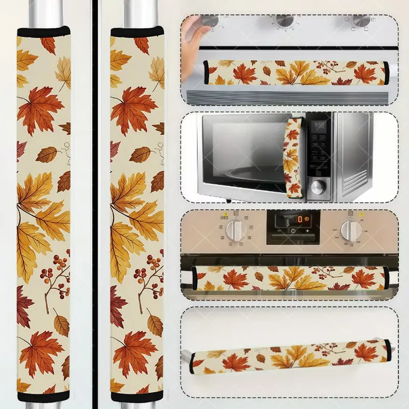 2pcs Vintage Maple Leaf Berry Refrigerator Handle Decor Set, Washable Fabric Pull Handle Covers, Halloween Thanksgiving Kitchen Decoration