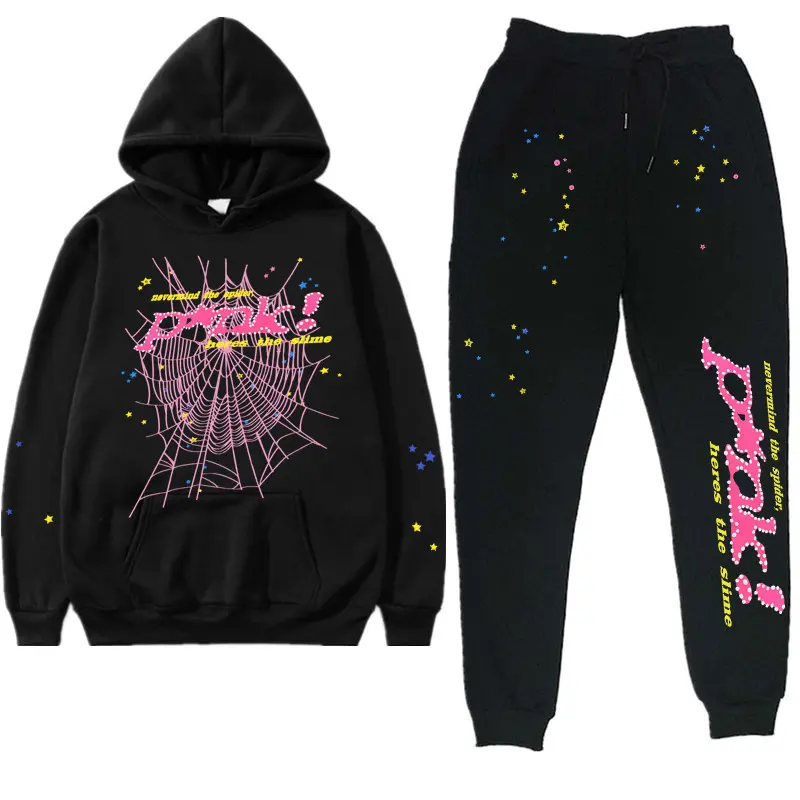Y2K Gothic Spider Web Matching Tracksuit, Pink Letter Star Print Hoodie and Jogger Pants 2Pcs Set, Loose Fit Streetwear Outfit, Aesthetic Hip Hop Long Sleeve Hooded Sweatshirt Set, Fall Casual Couple Matching Outfit for Men Women