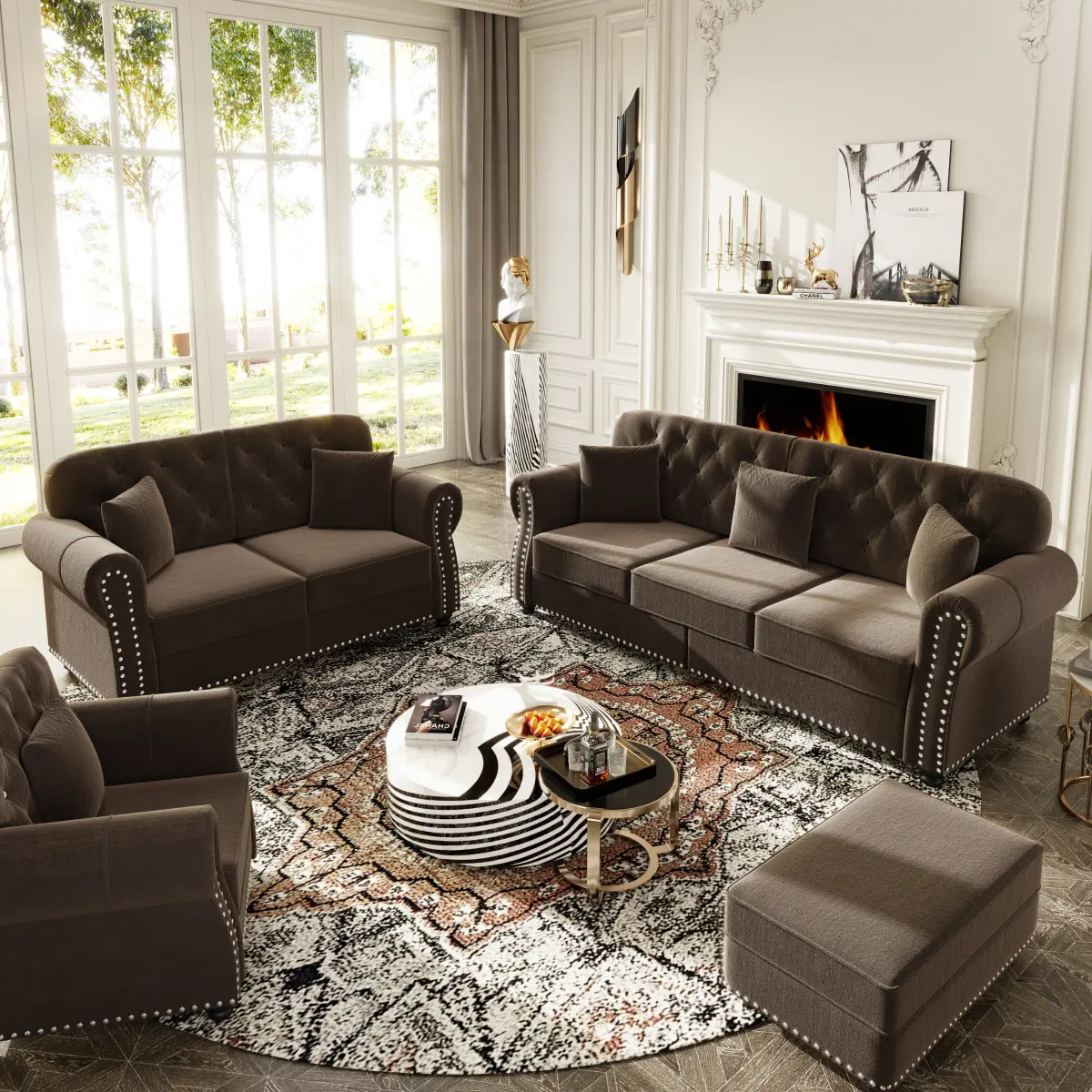 Aobtkel Brown Velvet Chesterfield Sofa - Furniture, Living Room Decor, Midcentury Modern, Sturdy, Button Tufted, Nailhead Trim, Rolled Arms, High-Density Foam, Multiple Seats, 1 Ottoman Included, Assembly Required