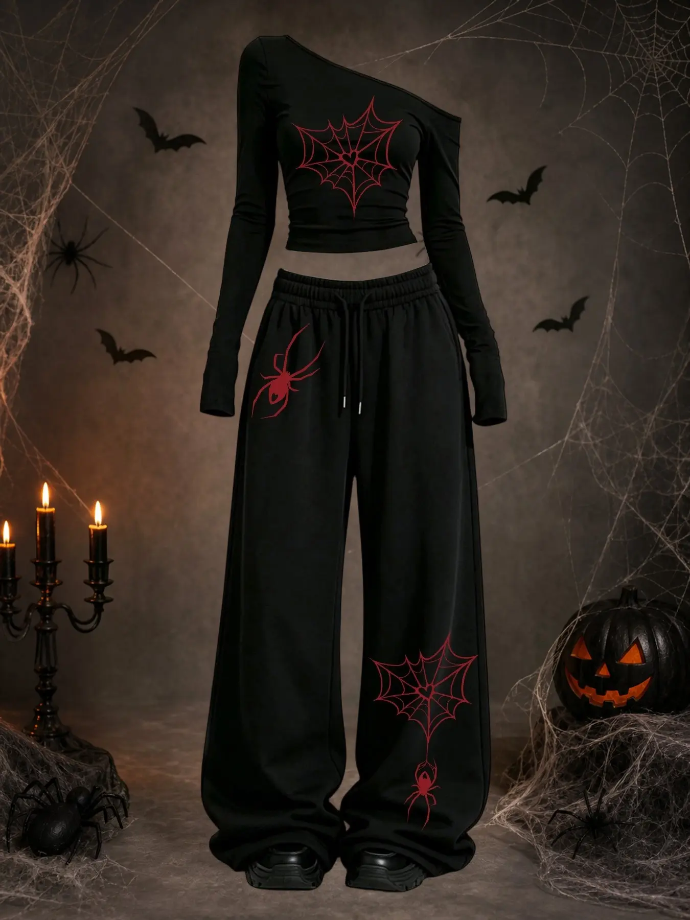 Halloween Women's Y2K Casual, Spider Print Off-Shoulder Long Sleeve Top + Loose-Fit Jogger Pants, Dark Subculture Style