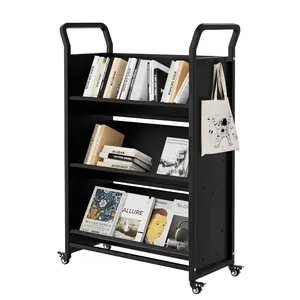 Book Cart, V-Shaped Metal Rolling Cart with 4 Lockable Wheels & Side Hooks & Dual Handles, 3-Tier Storage Bookshelf Library Cart for Home Library School Office Study(32 in x14 in x49 in), Black