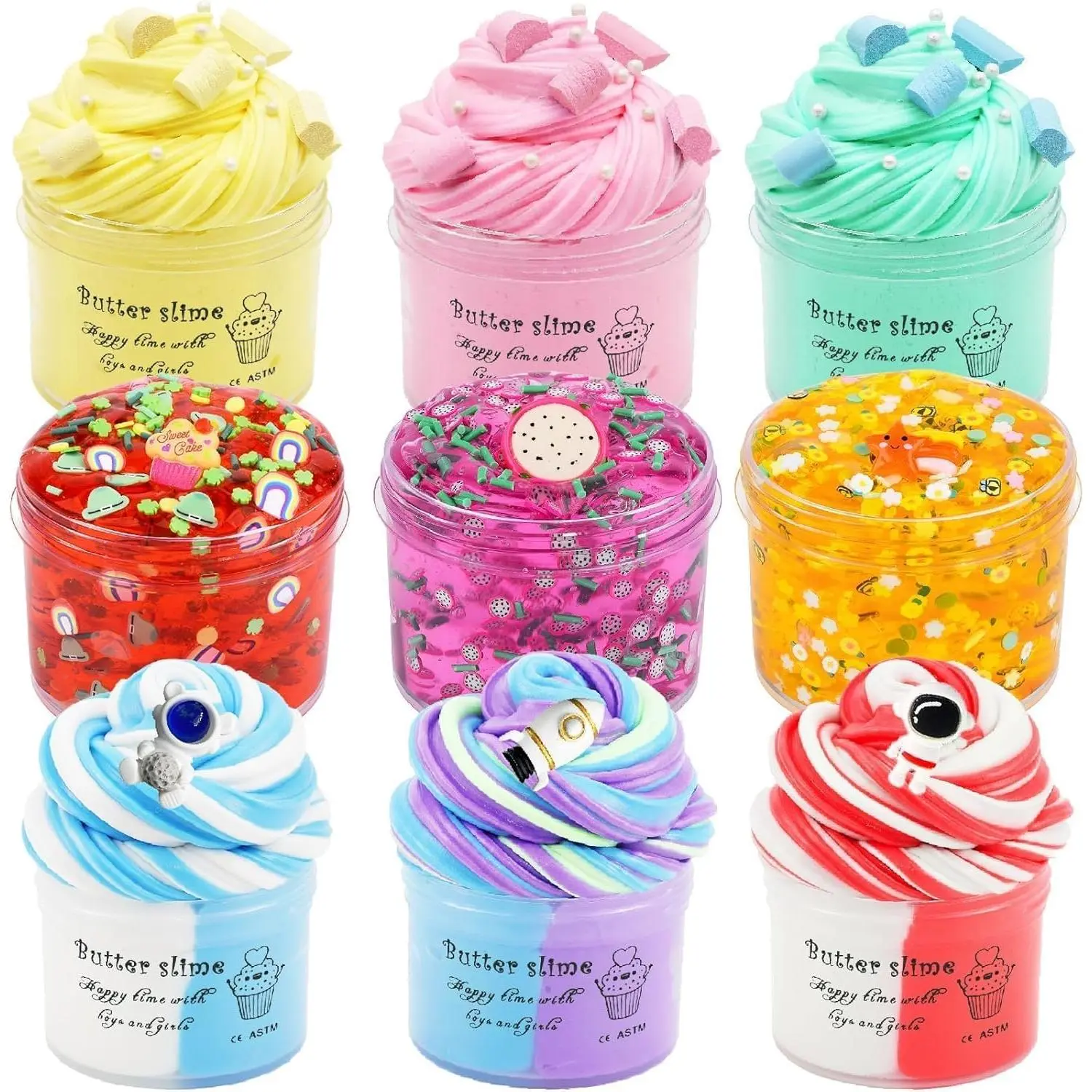 9 Pack Slime Kit, with 6 Butter Slime and 3 Jelly Cube Crunchy Slime Kit, Red, Blue, Pink Clear Crunchy Slime, Soft & Non-Sticky, for Girls and Boys FamilyToy, Party Favors and School Education