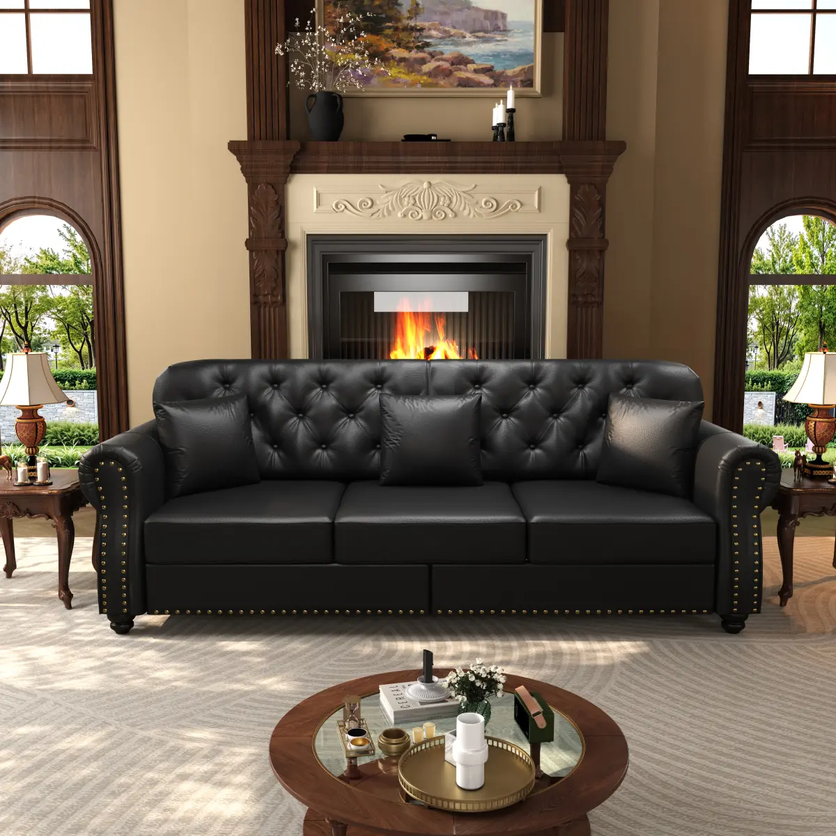 Aobtkel 82.6in 3-Seater Mid-Century Modern Chesterfield Faux Leather Sofa - Rolled Arms, Nailhead Trim, Button Tufted, 2 Ottomans, 3 Pillows, Sponge Fill, Boneless Couches, Minimal Chic Sofas Living Room, 173.72 lbs, Assembly Required, Black