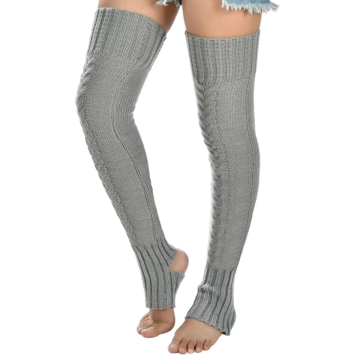 Women's Sporty Sports Socks, Cable-Knitted Extra-Long Full-Length Stirrups Thigh-High Over-Knee Footless Stockings, Hand Wash Compatible
