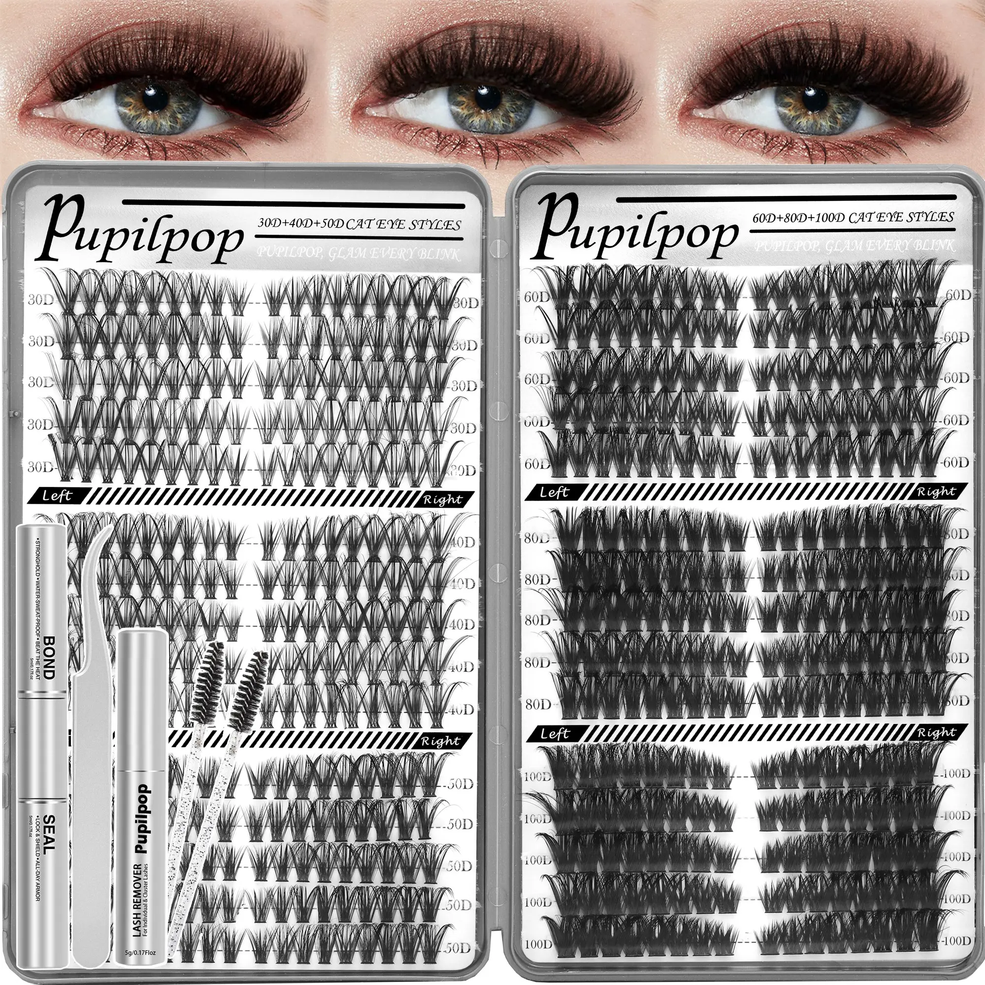 Pupilpop Cat Eye Lash Cluster Set – 30D/40D/50D/60D/80D/100D Mix, 10–18mm D-Curve. Wispy, Tangle-Free & Reusable – 530PCS with Full Accessories (Bond, Seal, Remover, Tweezers, Brushes) for Effortless DIY.