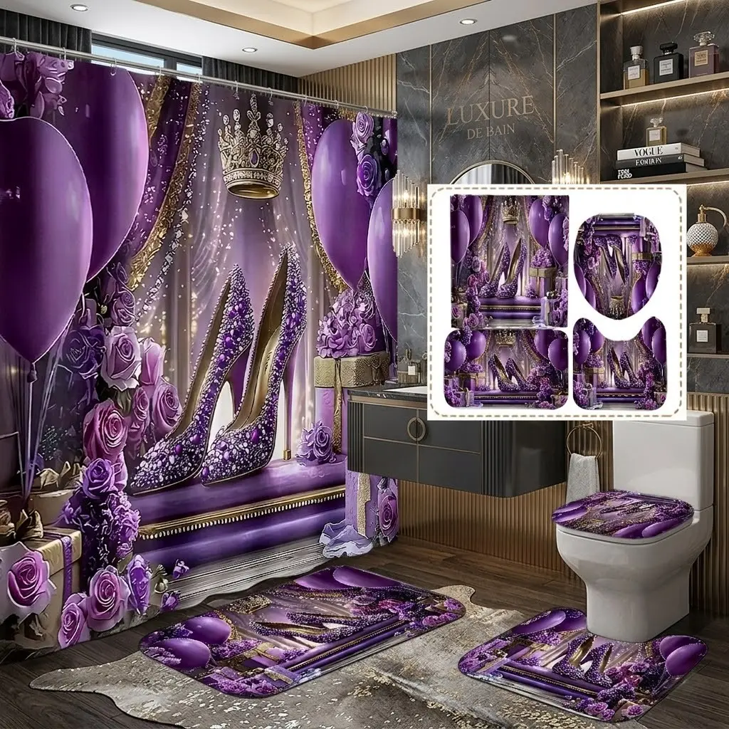 4pcs Light luxury purple rhinestone high heels crown floral balloon shower curtain set, with matching bath mat and toilet lid cover, gorgeous shiny decorations, The floor mat fabric is thicker and softer! the perfect choice for a stylish bathroom