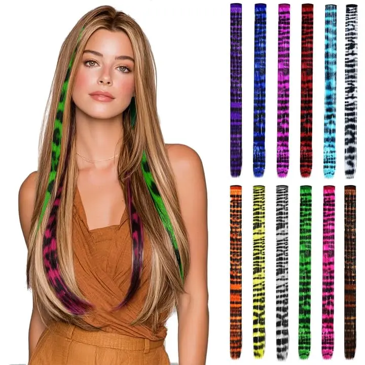 12 Pcs Leopard Print Hair Extensions Clip 18Inch Straight Synthetic Hairpieces Full Set, Colorful Striped Hair Extensions for Women, Party Cosplay Halloween Daily Wear Accessories