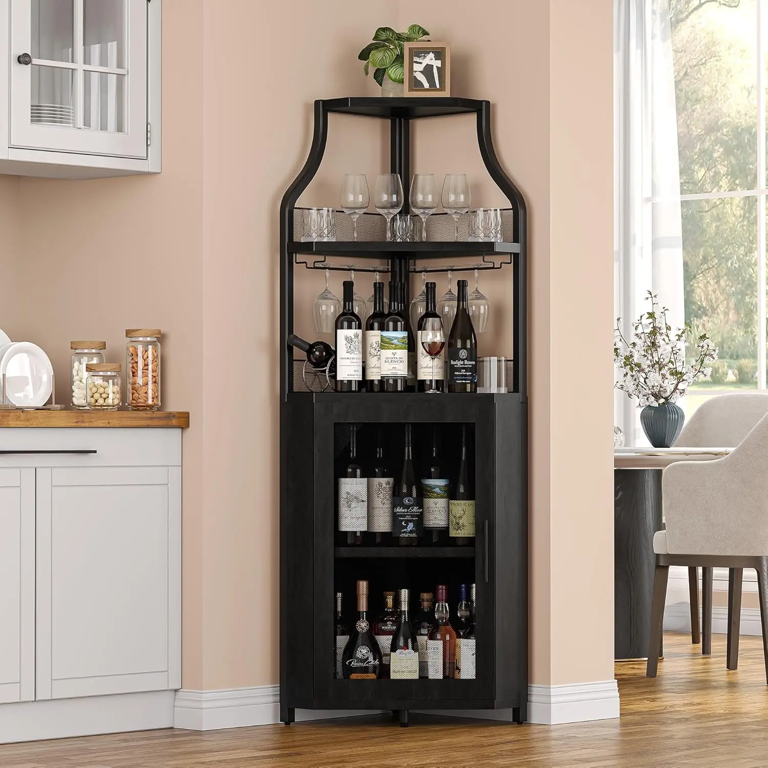Corner Wine Cabinet with Detachable Wine Rack, 5-Tier Industrial Corner Wine Cabinet with Barn Door, Glass Holder, Farmhouse Buffet Storage Cabinet, Space-Saving Home Bar Furniture for Living Room, Dining Room and Indoor Corners