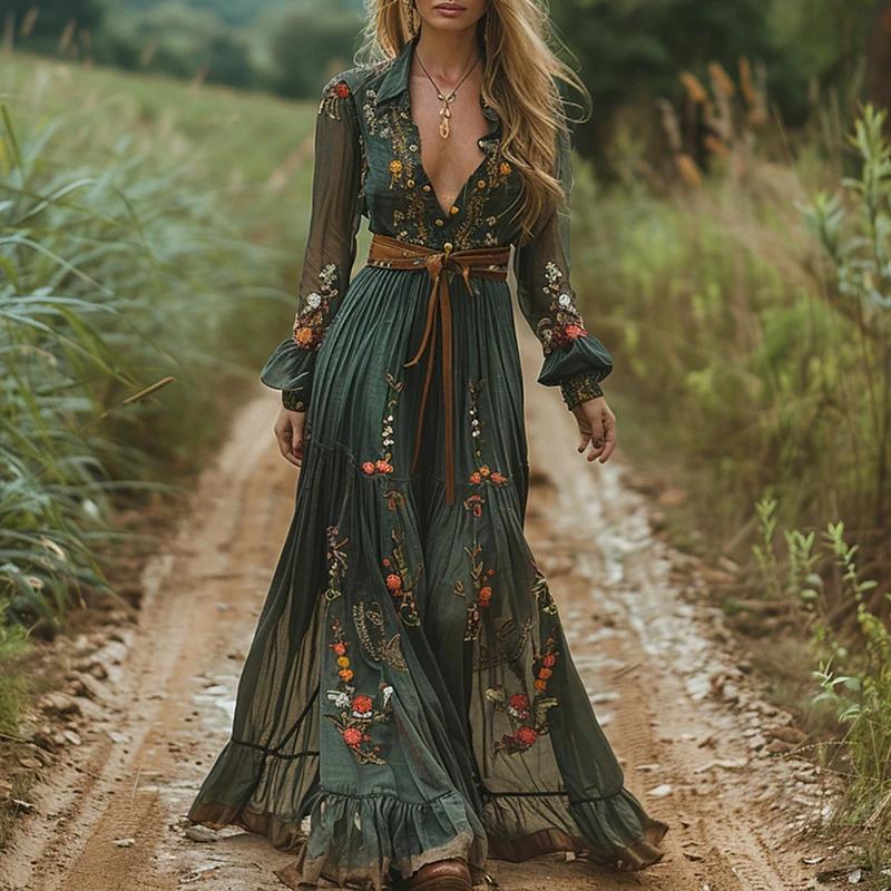 NewVintage Floral Print Deep V Fashion Waist Party Maxi Dress Autumn Women's Ethnic Lady Chic Bohemian Dresses  New Casual Womenswear sundress summer outfits quinceanera dress dresses summer