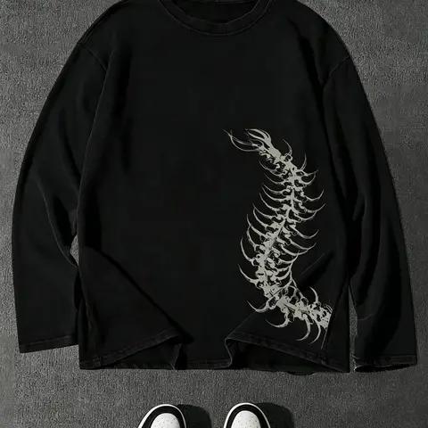 Unisex 100% Cotton Multi-Color Side Alien Spine Print Long Sleeve Tee Dark Subculture Streetwear Acid Wash Oversized Casual Top