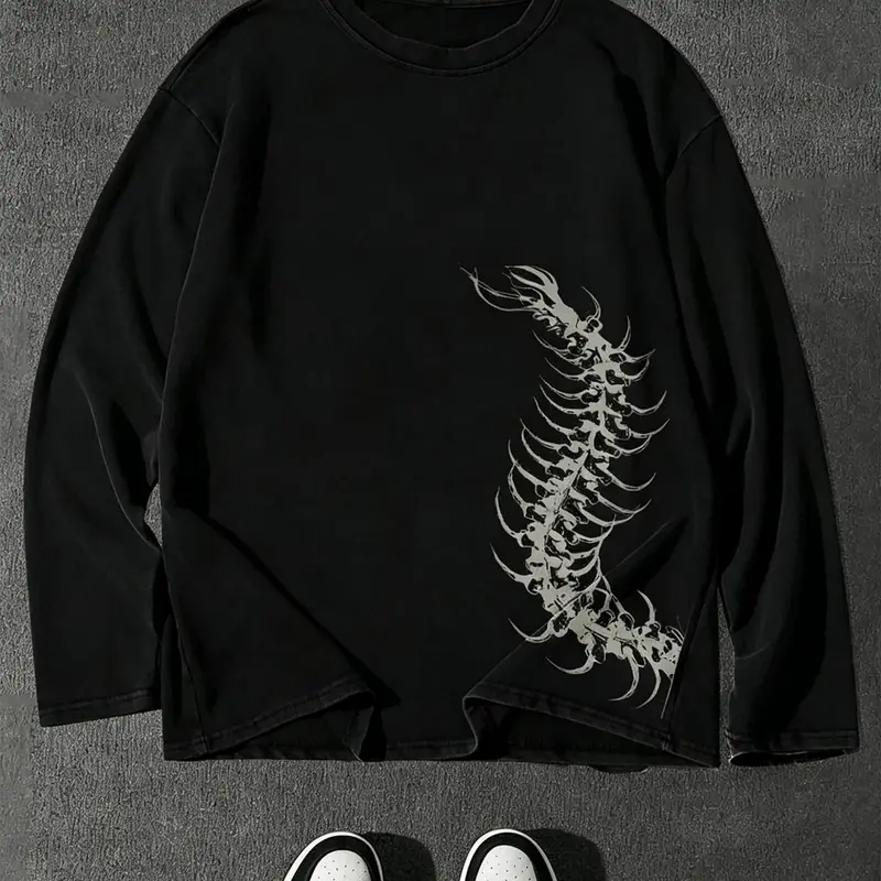 Unisex 100% Cotton Multi-Color Side Alien Spine Print Long Sleeve Tee Dark Subculture Streetwear Acid Wash Oversized Casual Top