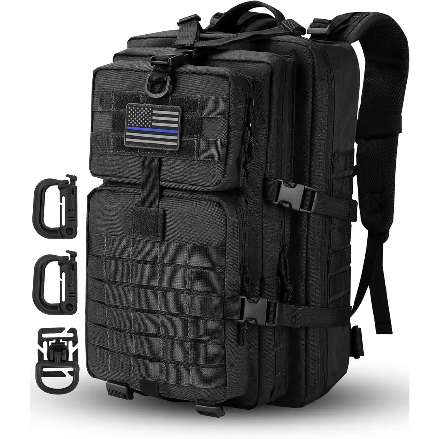 Military Tactical Backpack, Heavy‑Duty Camping Travel Pack with Flag Patch & Carabiner D‑Rings