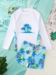 Island Style Long Sleeve Swimsuit, Boys' Colorblock Sun Protection Quick-Dry Beach Play Swim Set, Casual Fitted Suit, Swimsuit With Shorts, Summer Swimwear