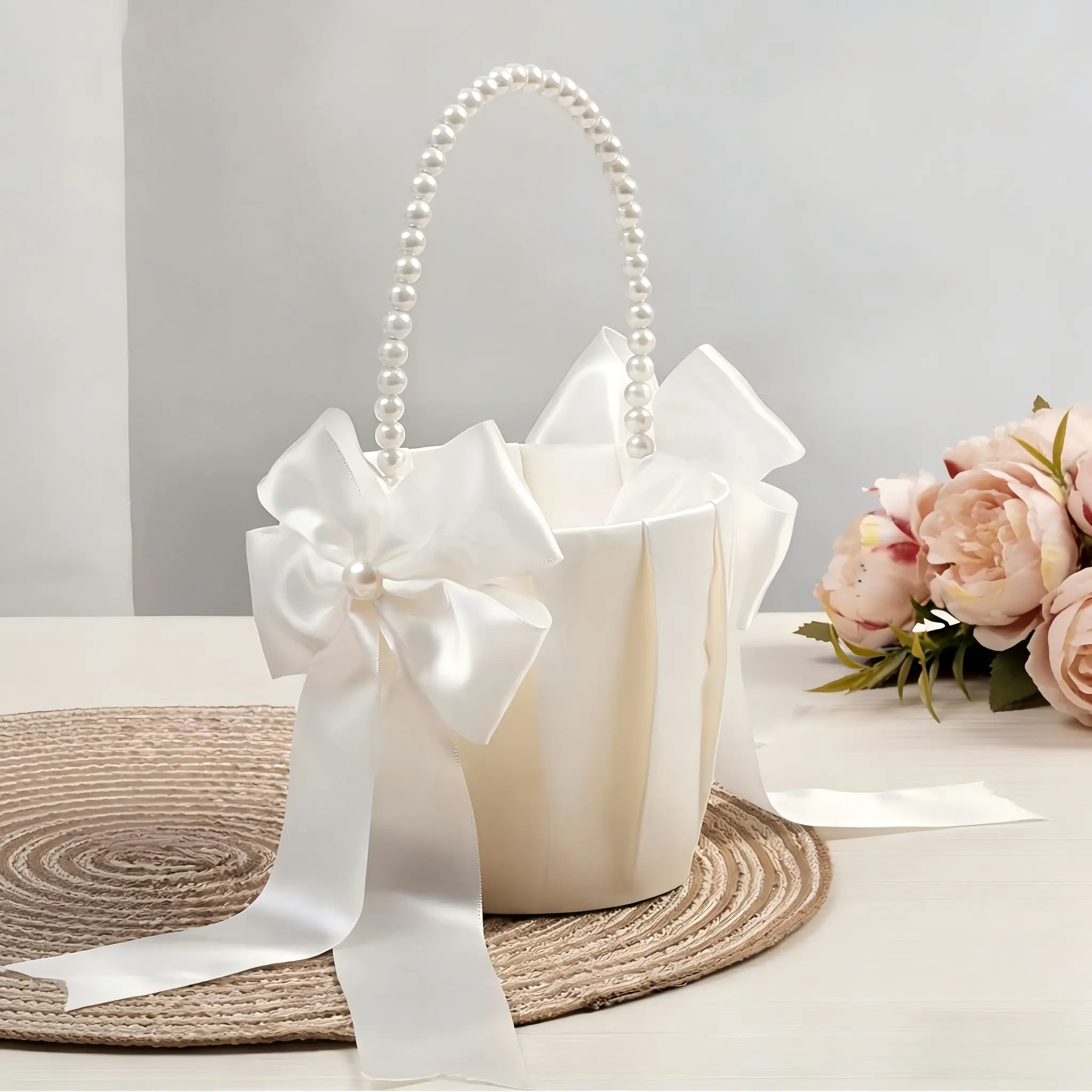 Elegant Ivory Floral Flower Girl Basket with Pearl Handle & Satin Bow, White Wedding Flower Basket for Ceremony, Bridal Shower, Ring Bearer, Party Decor, Flower Petal Holder for Wedding, Bridesmaid Gift, Rustic Wedding Accessory