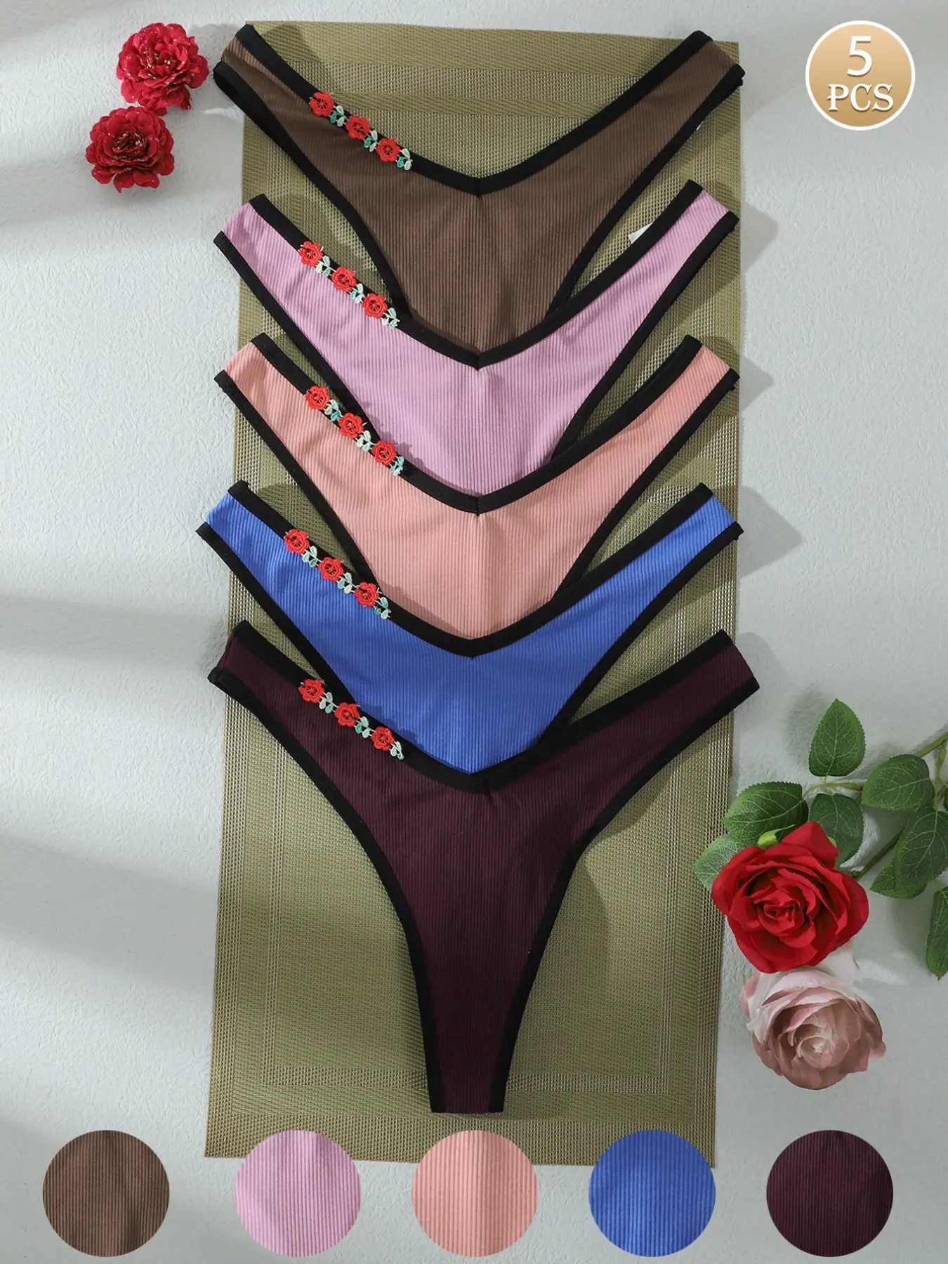 5 Pcs Vertical Groove Embroidered Rose Low Waist Triangle Briefs, Colorblock Trim Breathable Everyday Retro Girl Casual Underwear Shorts