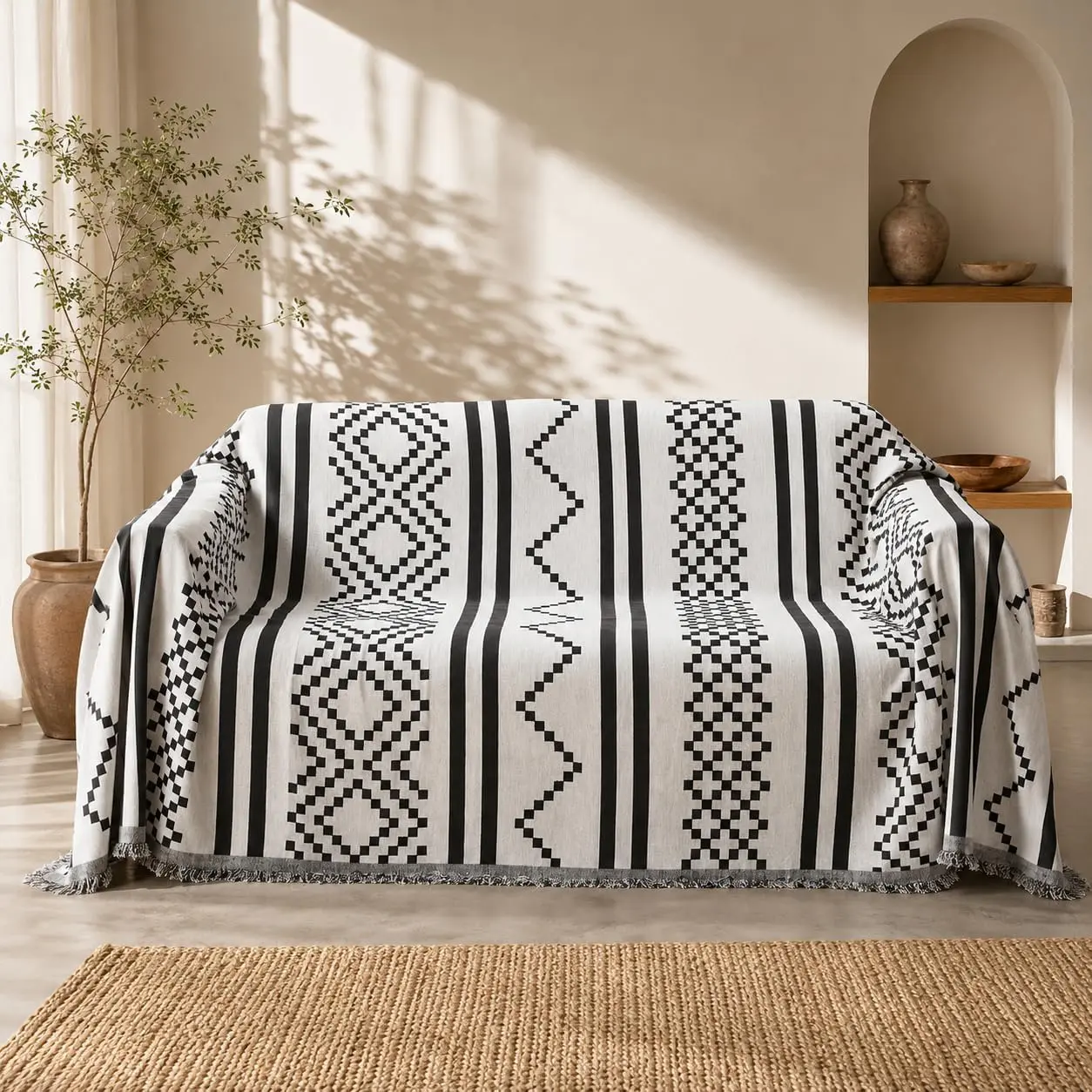 Bohemian Throw Blanket Chenille Jacquard Tassels Cover, 71"*90",NO.2 | Boho Style blankets, modern Geometric, warm & cozy. For couch, bed, outdoor,