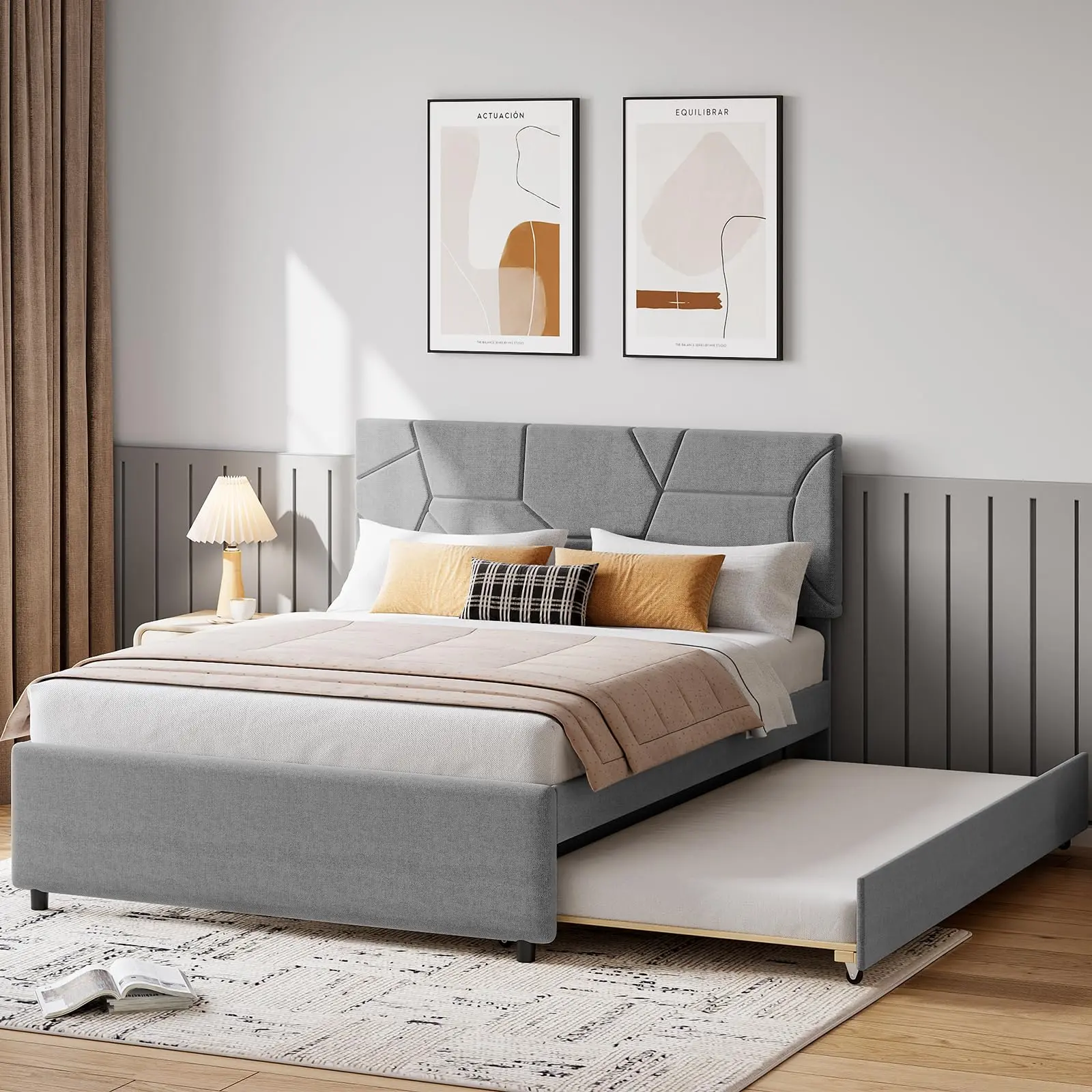 Garvee Multi-Functional Upholstered Platform Bed Frame with Pull-Out Twin Trundle - Queen/Full Size, Sturdy Wood Slat Support, Headboard - Space-Saving Guest Bed for Bedroom, Living Room