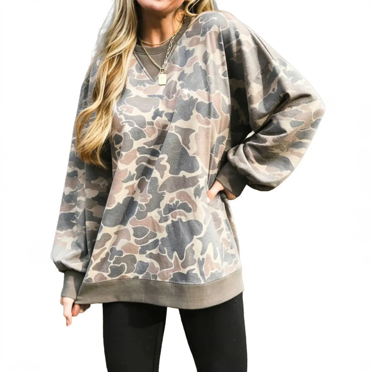 Women's Multicolour Camo Print Ribbed Trim Casual Pullover Sweatshirt - Patchwork Style, Comfortable, Everyday & Outdoor Wear