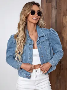 Women's Tailored Bubble Sleeve Denim Jacket, Essential for All Seasons, Fashionable and Versatile, Perfect for Everyday Wear