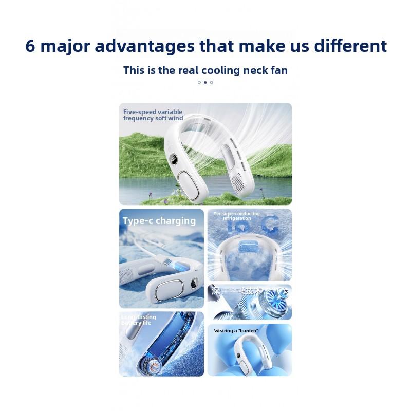 Portable hands-free neck fan with advanced semiconductor cooling technology. Features ice compress function and bladeless design for safe, comfortable cooling. USB rechargeable, lightweight and perfect for outdoor, travel, sports and daily use. Enjoy inst