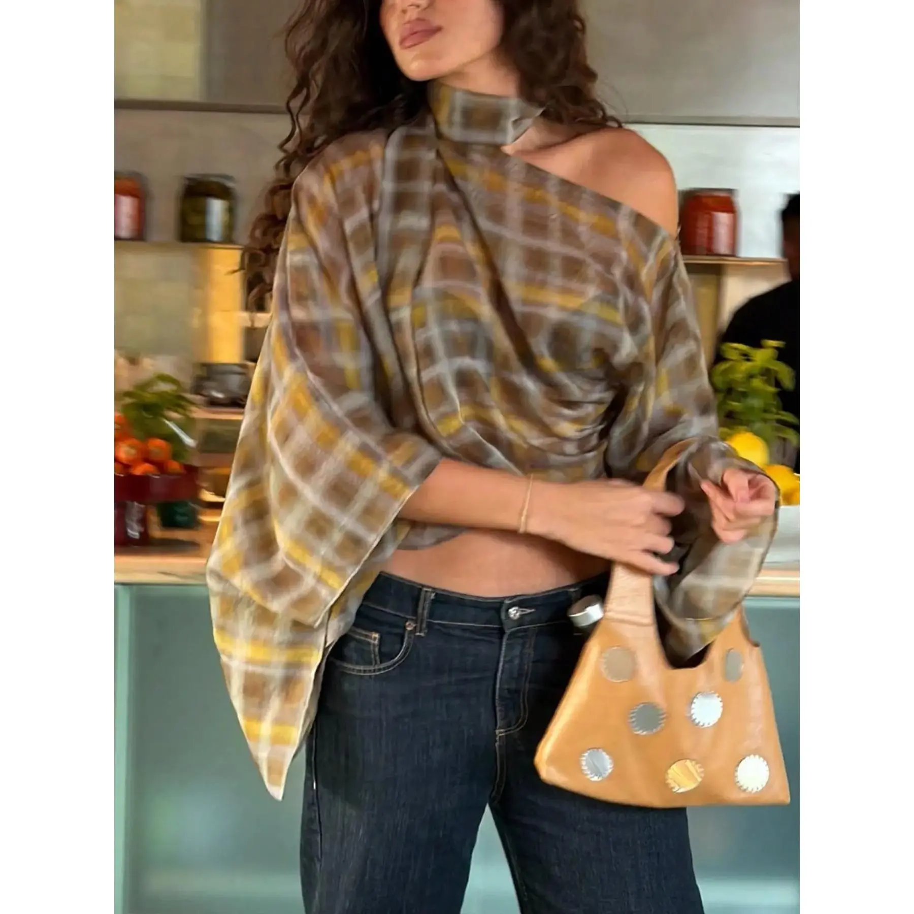 Women Plaid Poncho Top Off Shoulder Scarf Neck Blouse Oversized Loose Baggy Flowy Cape Shirt Boho Casual Everyday Chic Vacation Outfit Lightweight Breathable Draped Top Brown Yellow Bohemian Womenswear