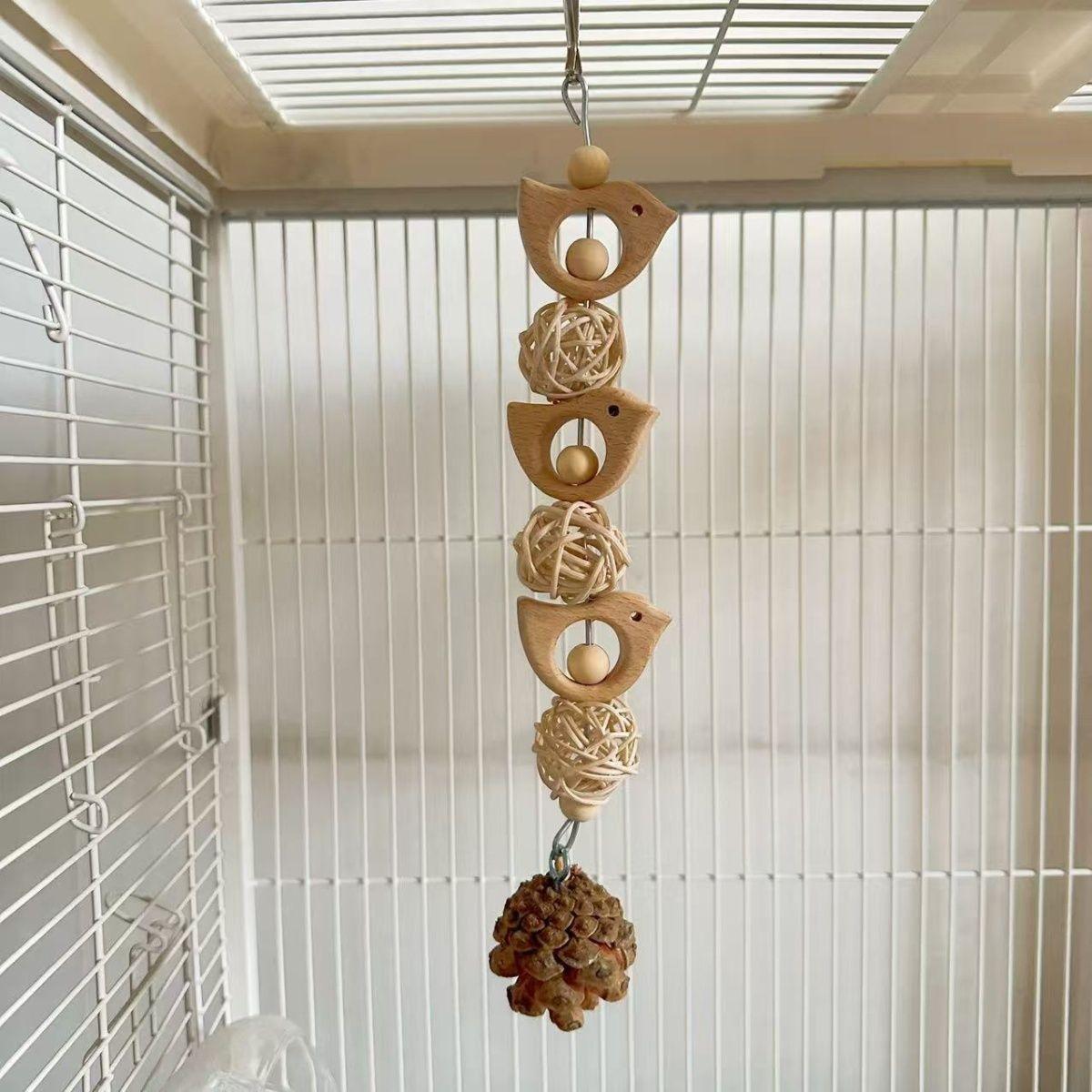 Pine Cone & Vine Ball Parrot Toy, Bird Cage Chewing Teething Items for Small Medium Parrots, Climbing Educational Swing for Budgie Cockatiel Lovebird, Relieve Boredom Stress Relief