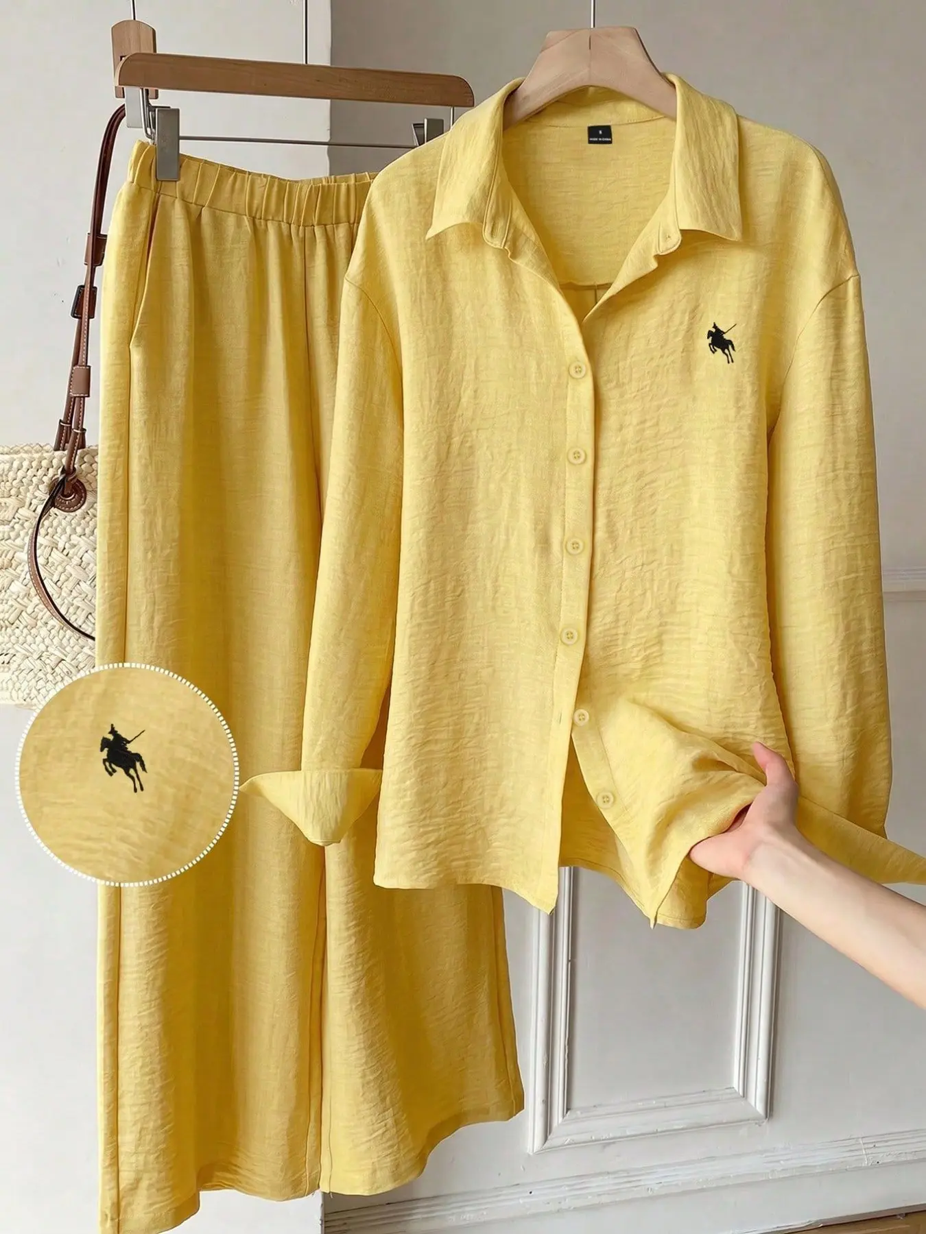 Women's Casual Embroidered Shirt Set, Loose Fit Long Sleeve Top, Mid Waist Wide Leg Pants, Fall Fashion 2-Piece Outfit