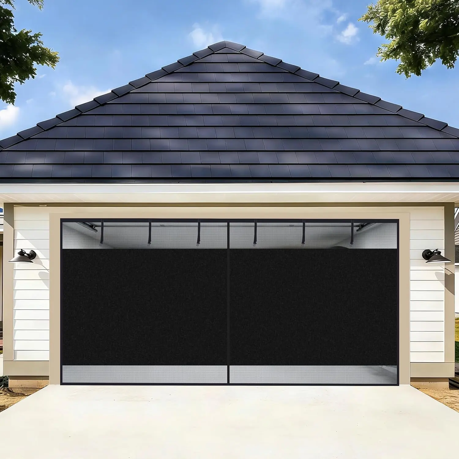 Garage Door Screen Blackout for 2  Garage, 16x7FT Heavy Duty  Garage Screen Door Mesh, Hands Free Retractable Garage Net Screen with 6 Roll Up Starps and 26 , Black