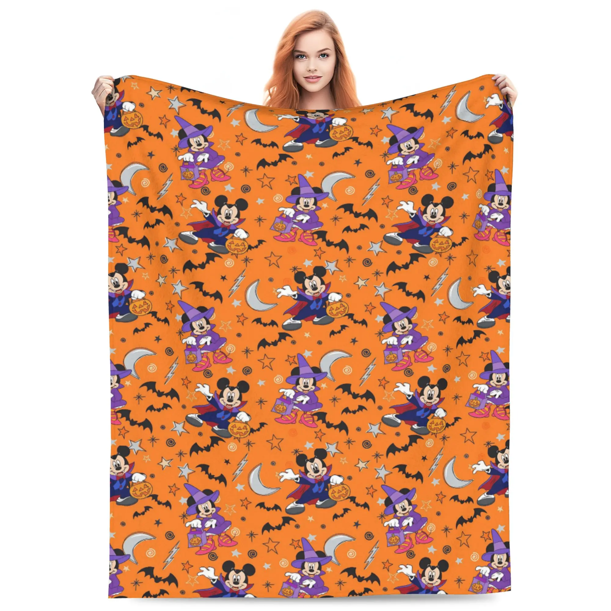 Disney Classic Mickey & Minnie Halloween Theme Flannel Blanket - Vampire Mickey, Witch Minnie, Pumpkins, Bats & Moon Repeat Print, Whimsical Home Decor, Room & House Decor, Cozy Throw for Sofa Bed, Gift for Disney Lovers, Cartoon Flannel Blanket, Cozy War