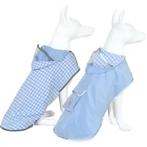 Dog Raincoat Reversible,Waterproof Dog Rain Coat Hooded Slicker Poncho with Reflective Strip, Plaid Double Layer Rain Jacket for Small Medium Large Dogs (Light Blue, Small(9-13lb))
