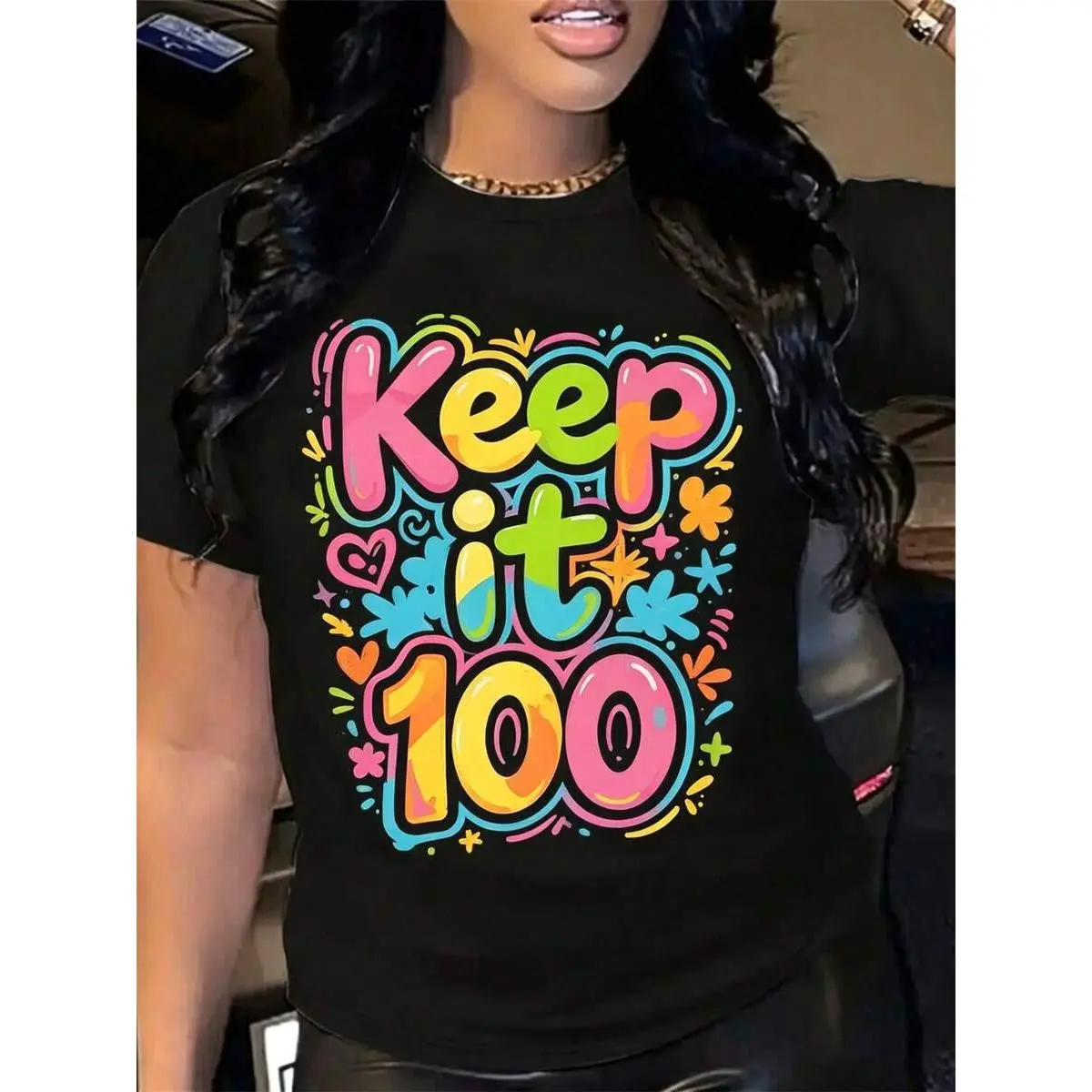 Womens Keep It 100 Graphic TShirt Painting Graffiti Text Bold Design Casual Crewneck Tee Everyday Wear Oversized Streetwear Summer Top