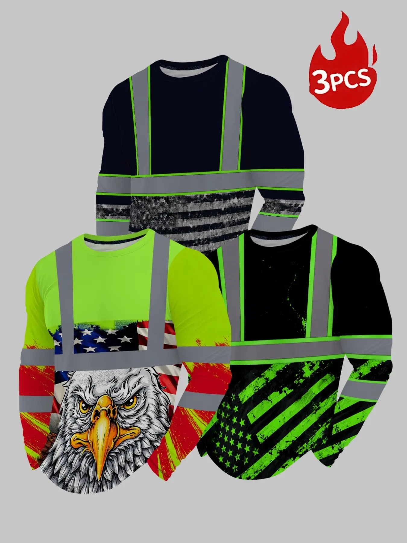 3-Piece Fluorescent Reflective Print Long Sleeve Set, Vintage Star Flag Eagle Design, Bold Workwear Style, All Seasons Casual Wear