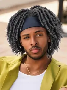 Men's Dark Synthetic Dreadlock Wig, Short Afro Twist Braided Wig with Headband, Soft Dread Locs, Hip Hop Style, All Seasons, Synthetic Curly Wigs