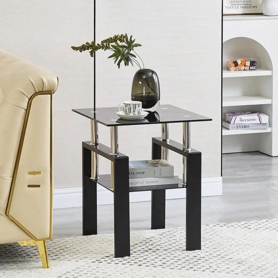 Glass Side Table 2-Tier Modern Glass Top Corner Table Living Room Side Table With Metal Leg For Living Room, Dining Room, Bedroom,Adjustable,Mobile,Standing,entryway,gaming,desk,office,,affordable,vanity,,coffee,set,dinner,home,use,,black,finish,,space,
