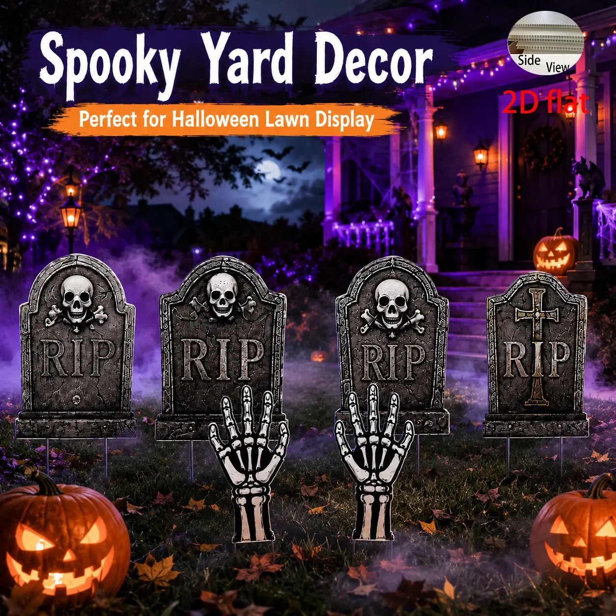Halloween Cemetery Lawn Decor Set, 6 Pieces Including 4 Rip Tombstones and 2 Skull Ghost Hands, Outdoor Party Setup for Yard and Porch