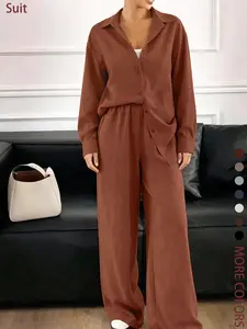 Two piece set of women's fashionable, high-end, relaxed, Casual, Minimalist, plain textured long sleeved shirt+high waist wide leg pants set, suitable for all seasons, suitable for short trips, exploring stores, shopping, daily home, workplace, commuting